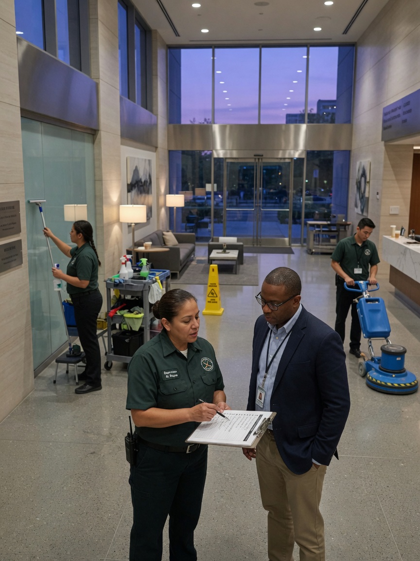 Facility manager reviewing commercial cleaning bids on a walkthrough with a First Choice crew member
