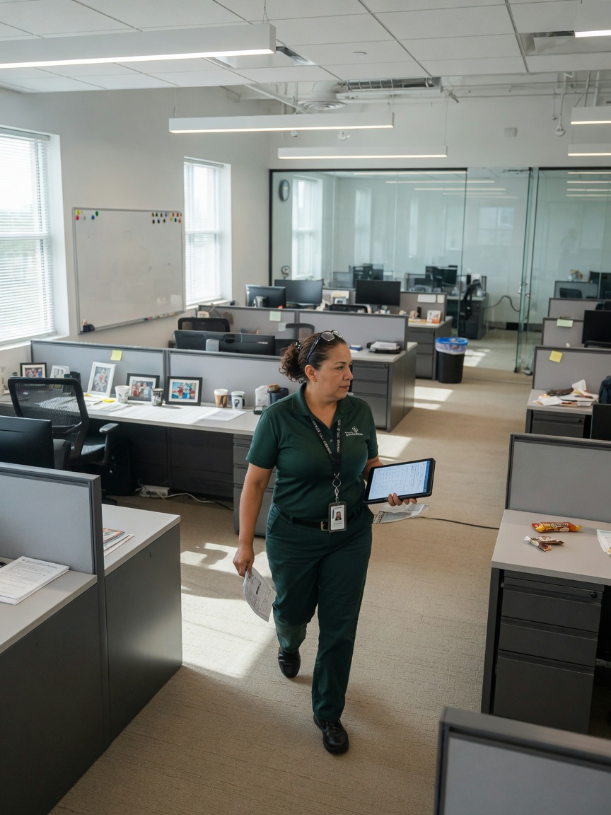 First Choice cleaner doing a walkthrough of a South Florida office with a tablet