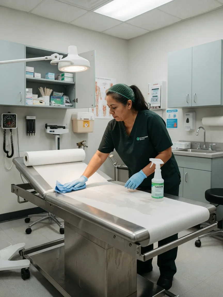 Cleaner disinfecting a medical exam room in South Florida