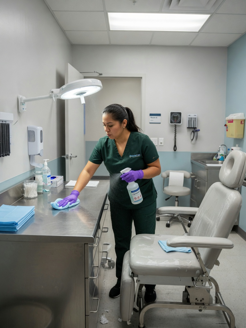 First Choice cleaner disinfecting an exam-room surface in a South Florida medical office