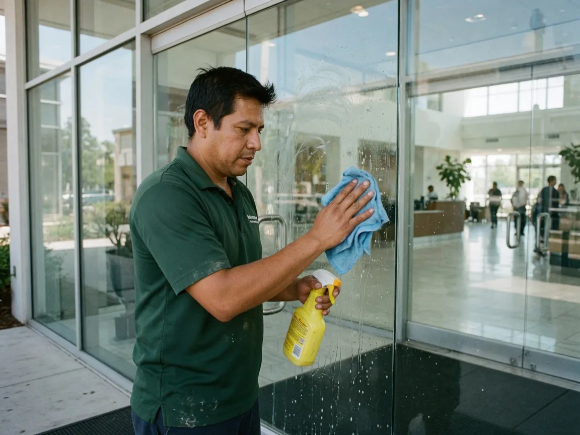 First Choice cleaner wiping the glass entrance of a South Florida commercial building lobby