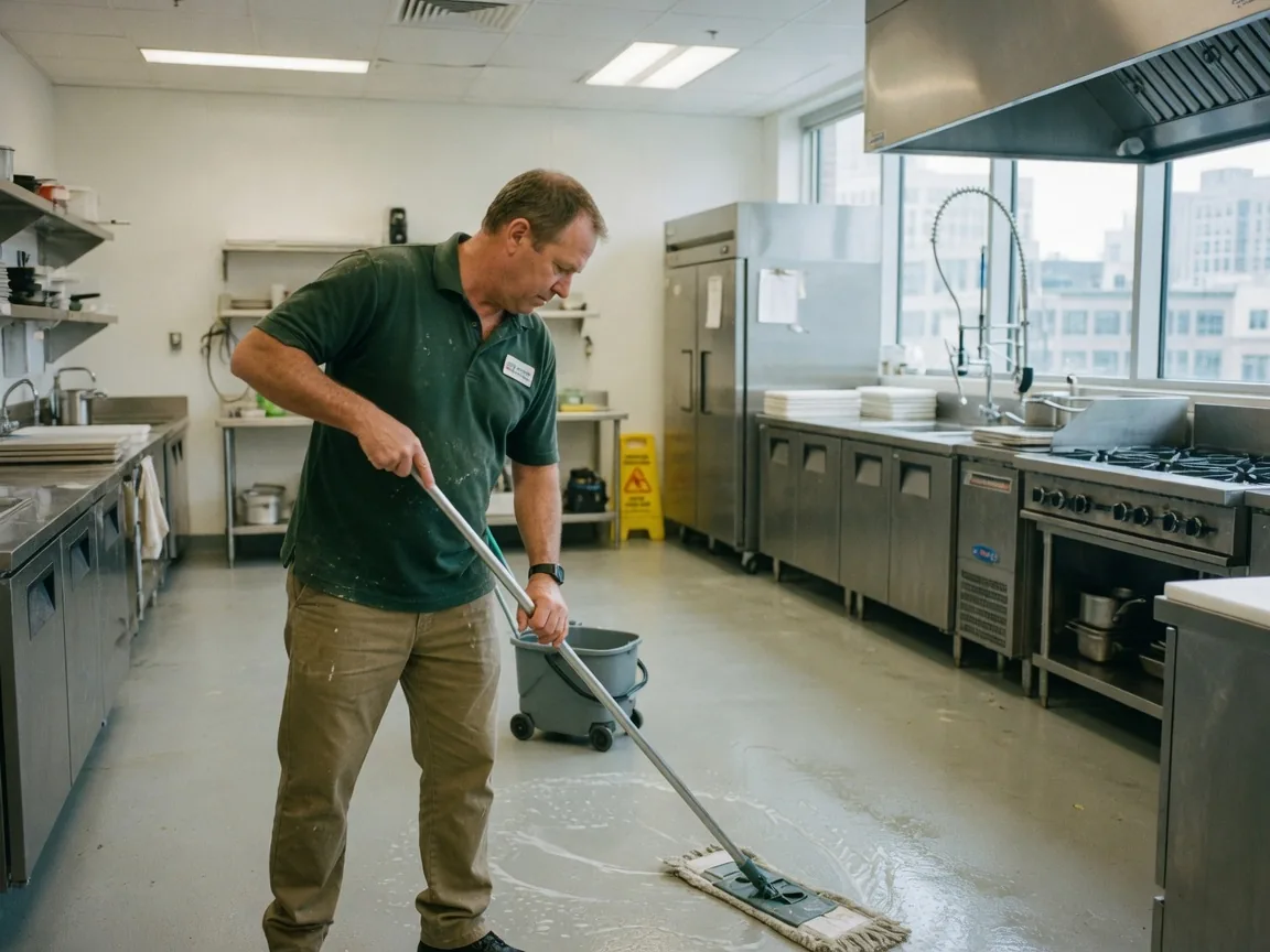 First Choice cleaner mopping the floor of a South Florida commercial kitchen near stainless equipment