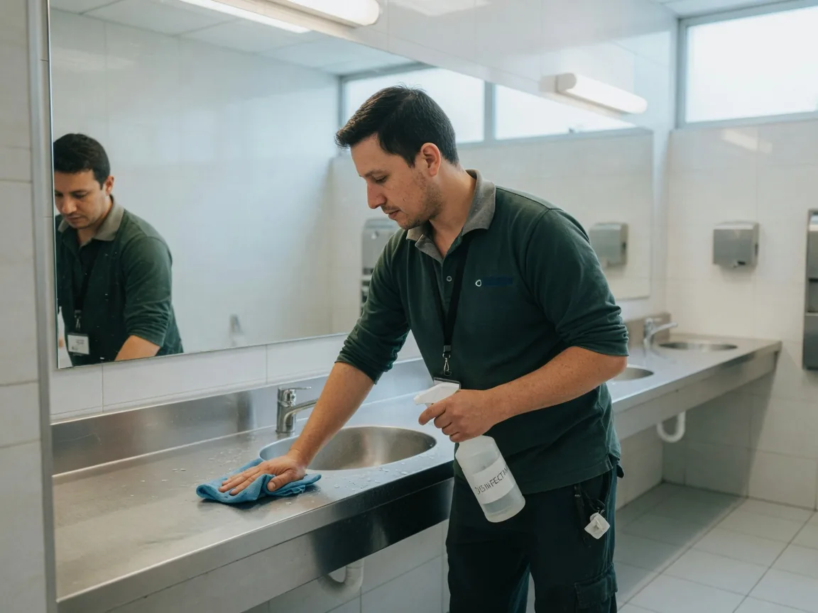 First Choice janitorial team member disinfecting a commercial restroom in a South Florida facility