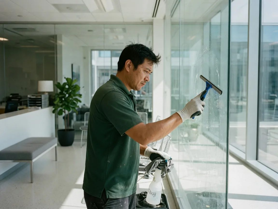 First Choice cleaner cleaning glass and reception in a South Florida commercial space