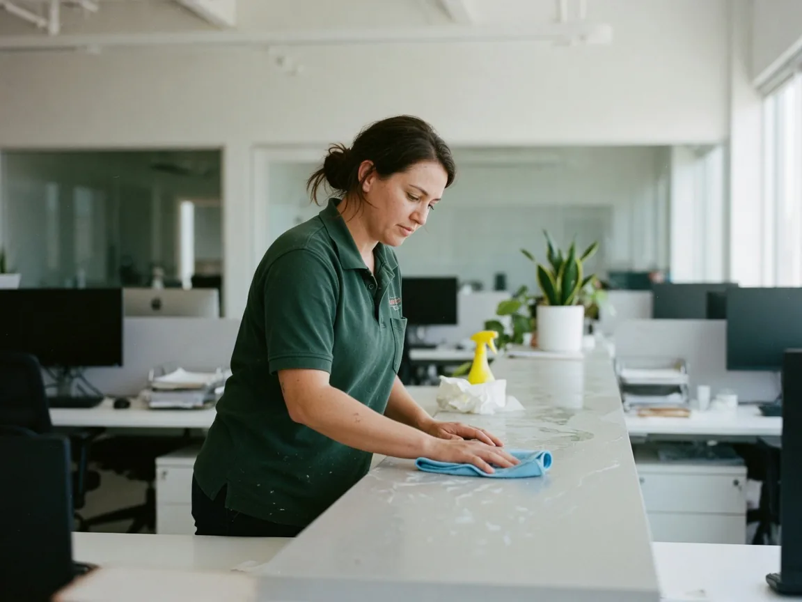 First Choice cleaner wiping surfaces in a modern South Florida office